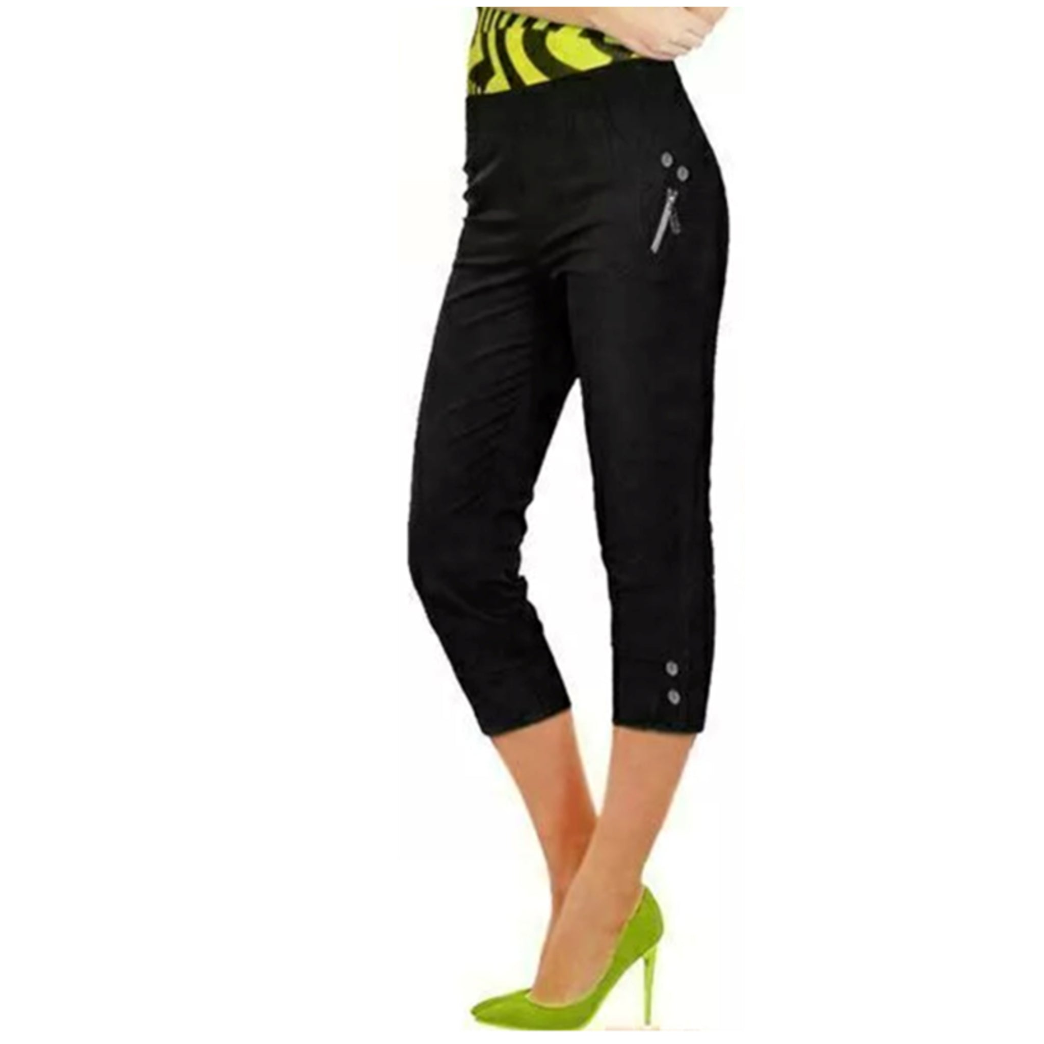 Ladies black 3/4 cropped trousers with zip pocket and button detail summer fashion